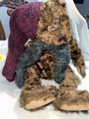 Vintage Gund  Truffle Teddy Bear with Burgundy Knit Hat and Gray Scarf